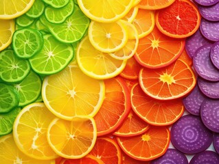 Rainbow Slices  A colorful arrangement of vegetable and fruit slices in a gradient pattern, forming a rainbow effect