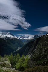 Landscape view of the the Trient Valley, with the Mont-Blanc in the background, shot in Emosson, Valais, Switzerland