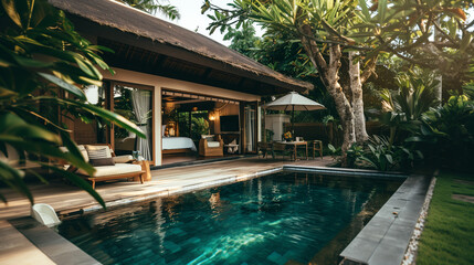 Luxury villa with bedroom open view on swimming pool in Bali