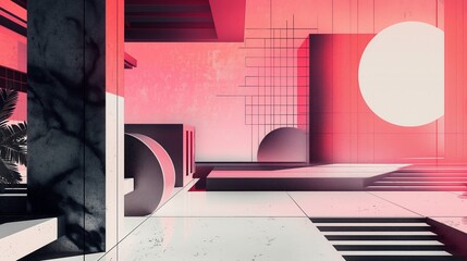 Neo-brutalist architecture illustration geometric shapes bold red tones