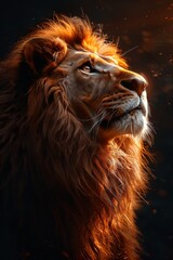Fototapeta premium A majestic lion with a full mane looks intently into the distance, bathed in warm golden light. Symbol of strength, courage, and royalty.