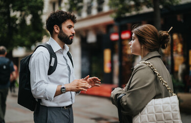 Two businesspeople having a serious conversation outdoors in an urban environment, discussing ideas...