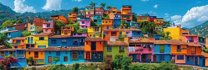 himsical, cartoon-style illustration of the vibrant essence of this neighborhood in Medellin, Colombia