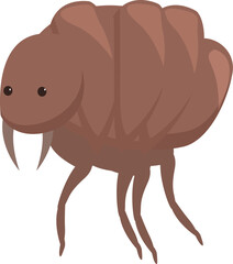 Cartoon brown flea is crawling, showing its six legs and sharp teeth