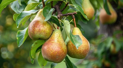 Pears growing on a small branch of a tree Growth of pears on a tree branch in a garden