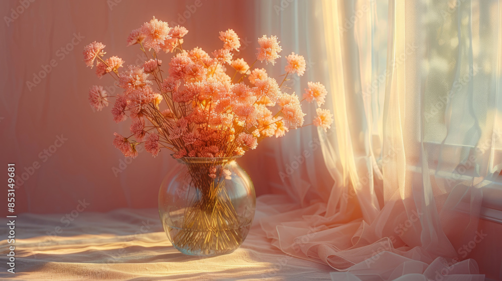 Canvas Prints Peach fuzz is the color of the year 2024. Frame, glass vase and dry flowers toned in fashion blended pink-orange trend-setting colour of year Peach Fuzz