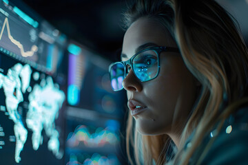 Female IT Specialist Analyzing Cybersecurity Data on Multiple Monitors, Artificial Intelligence Concept, Close-Up