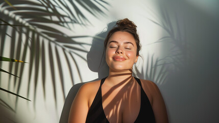 Obraz premium Happy overweight sexy woman embraces Self-Acceptance isolated on white background with shadows of palm leaves.