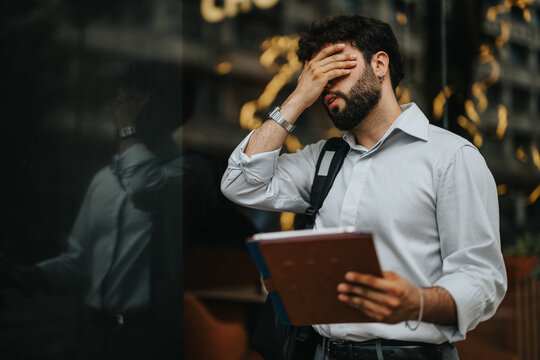 Stressed businessman outdoors holding a notebook and covering his face in frustration. Office worker in business attire experiencing stress during a workday.