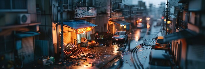 tilt shift photo of Tokyo neighborhood after the rain, 