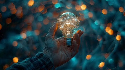 Businessman holding a creative light bulb with industry network, analysis solutions, and development marketing network icons, planning strategy. Modern business and innovative new ideas.