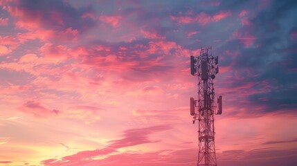 Telecommunication tower with antennas against a beautiful colorful sky at sunset or dawn, with a backdrop of pink clouds.