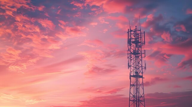 Telecommunication tower with antennas against a beautiful colorful sky at sunset or dawn, with a backdrop of pink clouds.