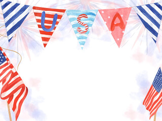 Colored banner and USA flags on National holidays. Independence Day, Memorial Day. Title USA. Patriotism and pride. Watercolor illustration. Horizontal frame with empty space. For celebrating card