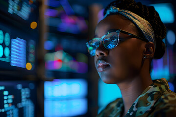 Black African American Female IT Specialist Analyzing Data in Cybersecurity Command Center, Augmented Reality and Artificial Intelligence Interface Display