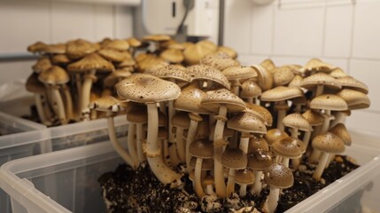 Fully grown mushrooms in the kit, ready for harvest,