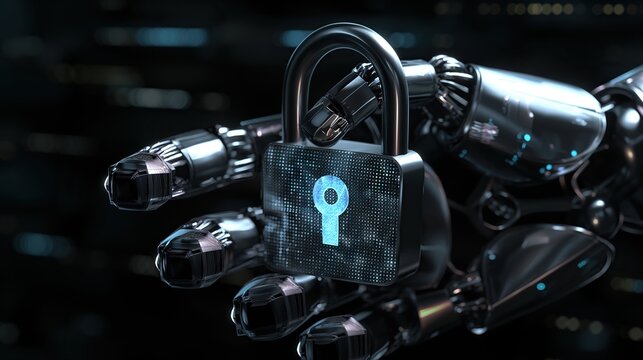 Ai hand holding lock, security and protection of artificial intelligence against cyberware on a black background, cybersecurity concept