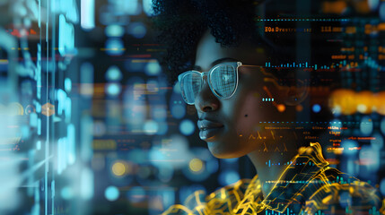 Augmented Reality Cybersecurity AI Threat Analysis African American Female IT Specialist in Data Technology Environment