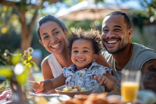 A diverse young family enjoying a summer day being outside together eating lunch in their beautiful backyard laughing with each other. Themes of unity, happiness and family