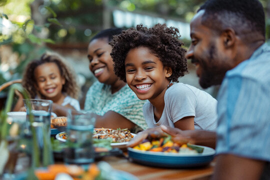 A diverse young family enjoying a summer day being outside together eating lunch in their beautiful backyard laughing with each other. Themes of unity, happiness and family