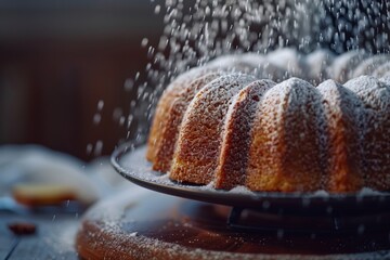 Classic bundt pan pound cake  vanilla or sour cream flavored, dusting of powdered sugar