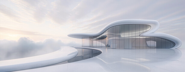 3D rendering, white curved architecture with glass windows and concrete floor, futuristic style