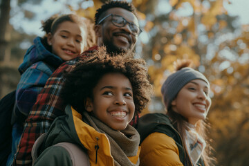 A diverse group of friends or family enjoying a day hiking outdoors, observing something interesting in the distance. Themes of unity, happiness, exploration, and diversity