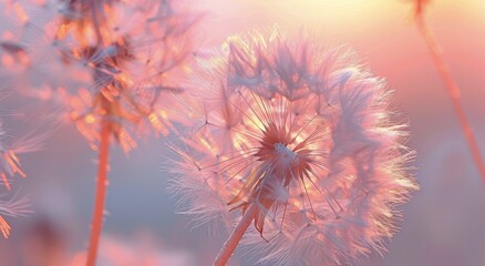 Close Up of a Dandelion With Seeds Blowing in the Wind Against a Soft Pink and Blue Background