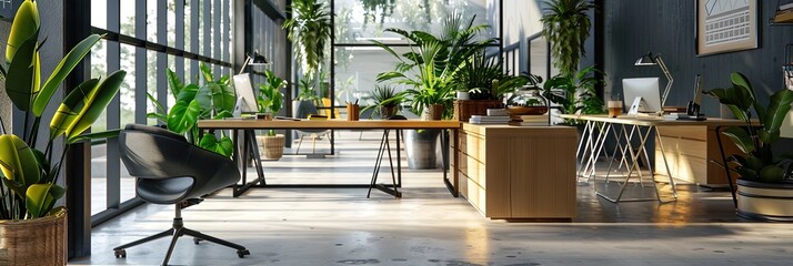 open work space with small office tables and plants, modern, light, 