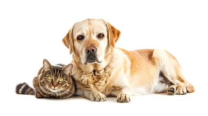 Obraz premium A Cat and Golden Labrador Retriever Dog are sitting Together Looking at the Camera Studio Photo White Background