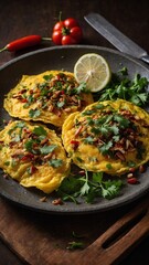 Skillet presents four servings of dish resembling omelet, garnished with herbs that could be cilantro, reddish-brown toppings that might be spices, vegetables. Half lemon placed on skillets edge.
