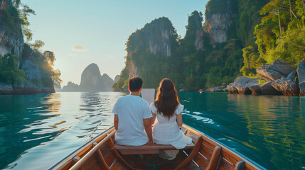 Couple in honeymoon visiting Thailand islands on a boat
