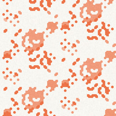 Faded peach fuzz glitch geo washed effect seamless pattern. Orange dye grungy blotched distress abstract background texture repeat. 