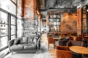 A stylish modern lounge area with comfortable furniture and brick walls.