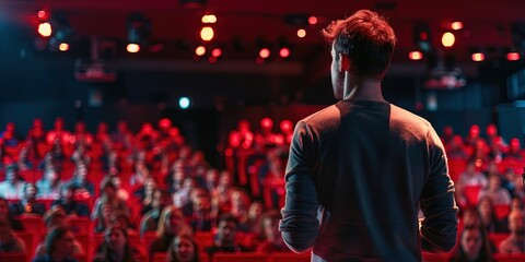 man on stage giving speech presentation in front of audience in auditorium