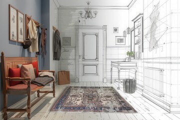 Modern hallway with rustic bench, traditional rug, and sketch of post-renovation layout in the background.