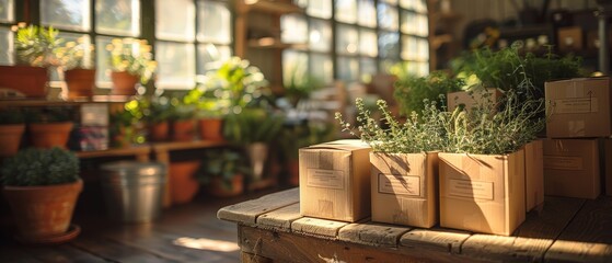 Packing supplies and cardboard boxes, organized and labeled, efficient moving preparation, tidy and bright area