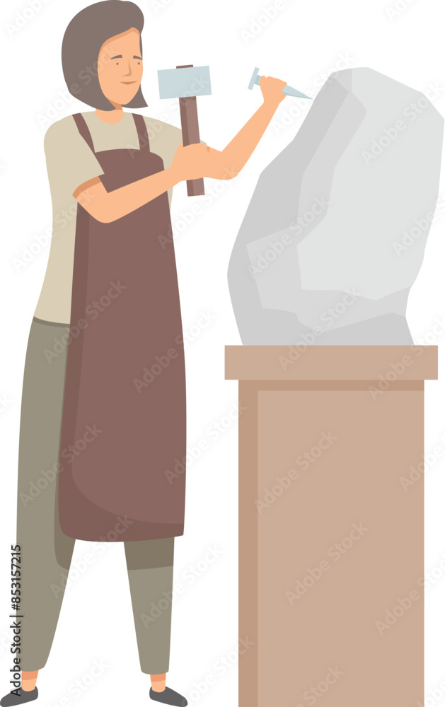 Poster sculptor is creating a stone sculpture using a hammer and chisel