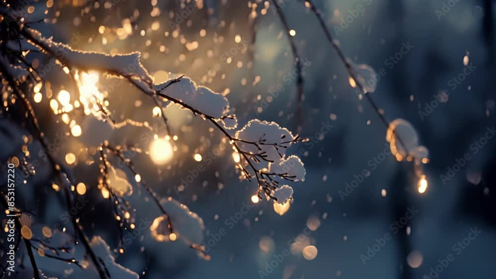Poster a tight view of a snowcovered tree branch the snowflakes hanging from it giving off a soft glow in t