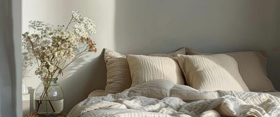 White Bed With Dried Flower Arrangement in a Modern Bedroom