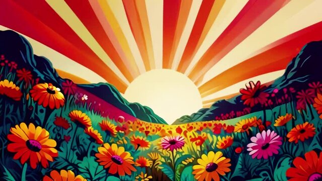 A pop art retro flowers and sunburst animated illustration in the style of vintage 1960s or 1970s psychedelic artwork. The view slowly zooms in across the bed of flowers towards the wavy sun rays.