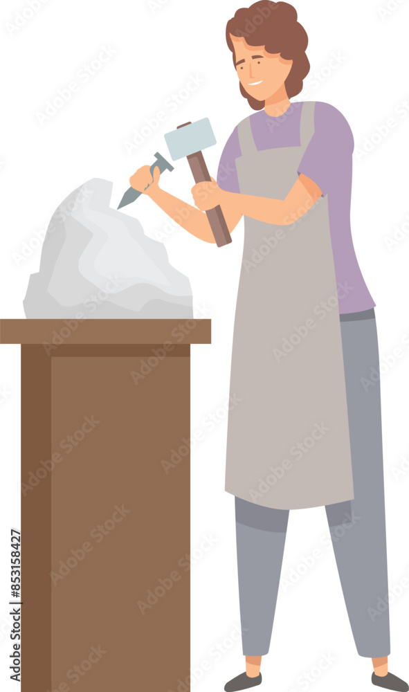 Poster sculptor wearing an apron is carving a stone sculpture using hammer and chisel