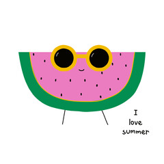 Funny watermelon with sunglasses. Summer childish graphic. Vector hand drawn illustration.