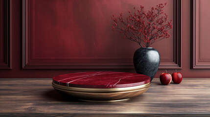 The podium stage, crafted from deep burgundy lacquer and accented with copper highlights, presents a rich, sophisticated look