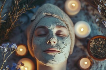 Woman with clay mask and candles