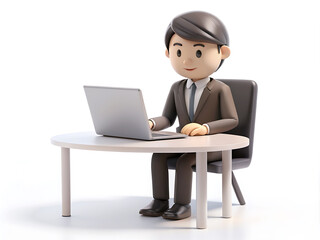 3D animated cartoon of an adult person sitting at a modern, curved desk while using a laptop