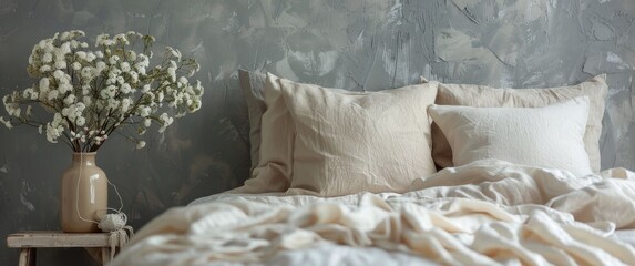 White And Beige Bedding With A Vase Of Flowers On A Wooden Stool