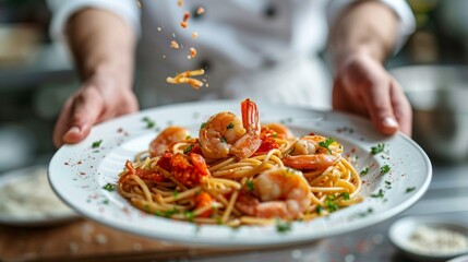 Chef serving shrimp dish in a restaurant setting.