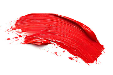 Cosmetic lipstick abstract stroke isolated on white background. Swatch, sampler of lipstic, tint or blusher. Cream makeup texture. Bright red color cosmetic product brush stroke swipe sample
