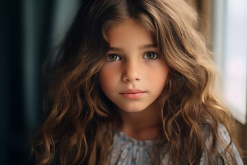 Naklejka premium Adorable close up portrait of a cheerful, creative, and curious little girl with long hair